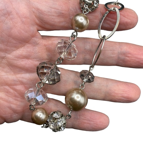 Glass Beads Necklace Silver Tone Chain Faceted Rhinestones - Picture 3 of 8